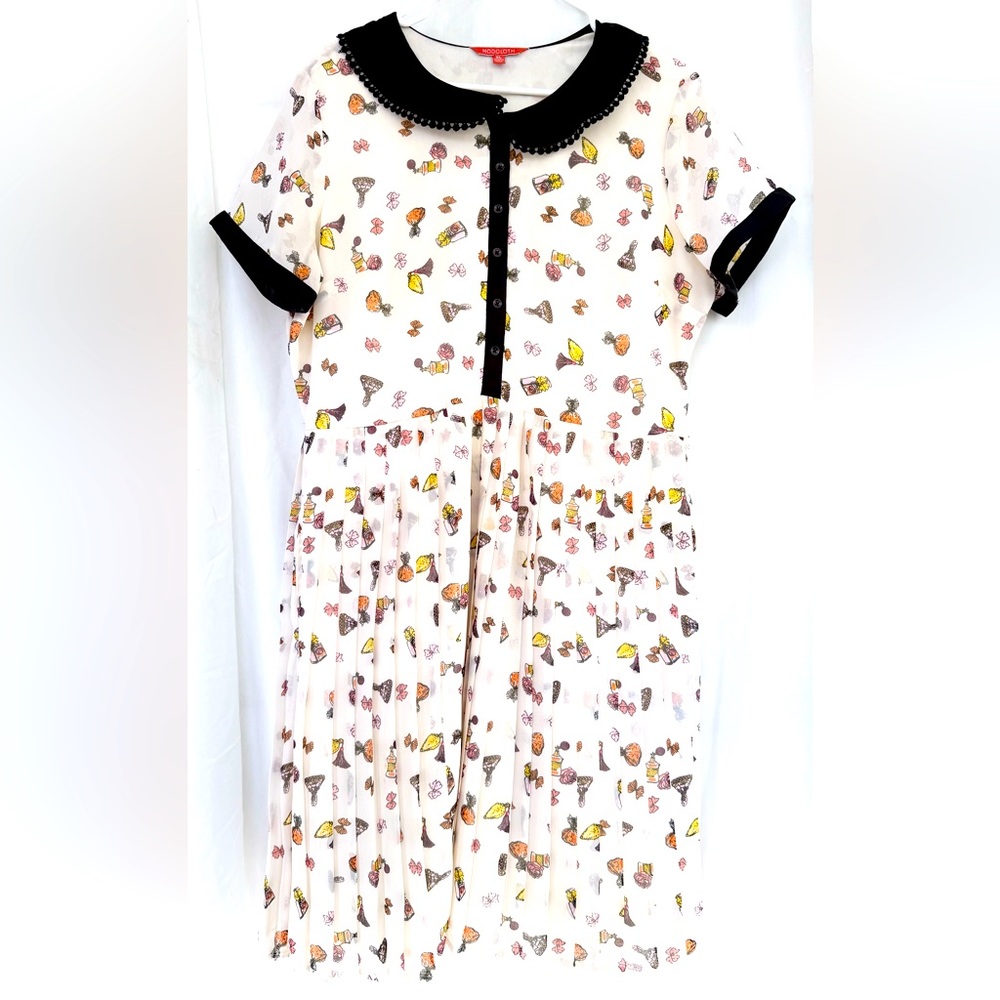 ModCloth Perfume Bottle Pleated Dress black collar trimmed with Pom poms
